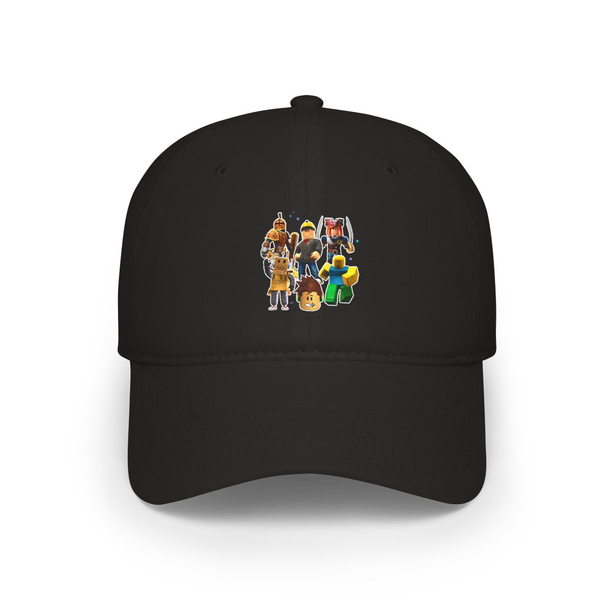 A selection of colourful Roblox character cutouts, featuring a knight in gold armour, a robot, a pirate with swords, and a character with a yellow hard hat. The characters are set against a green...