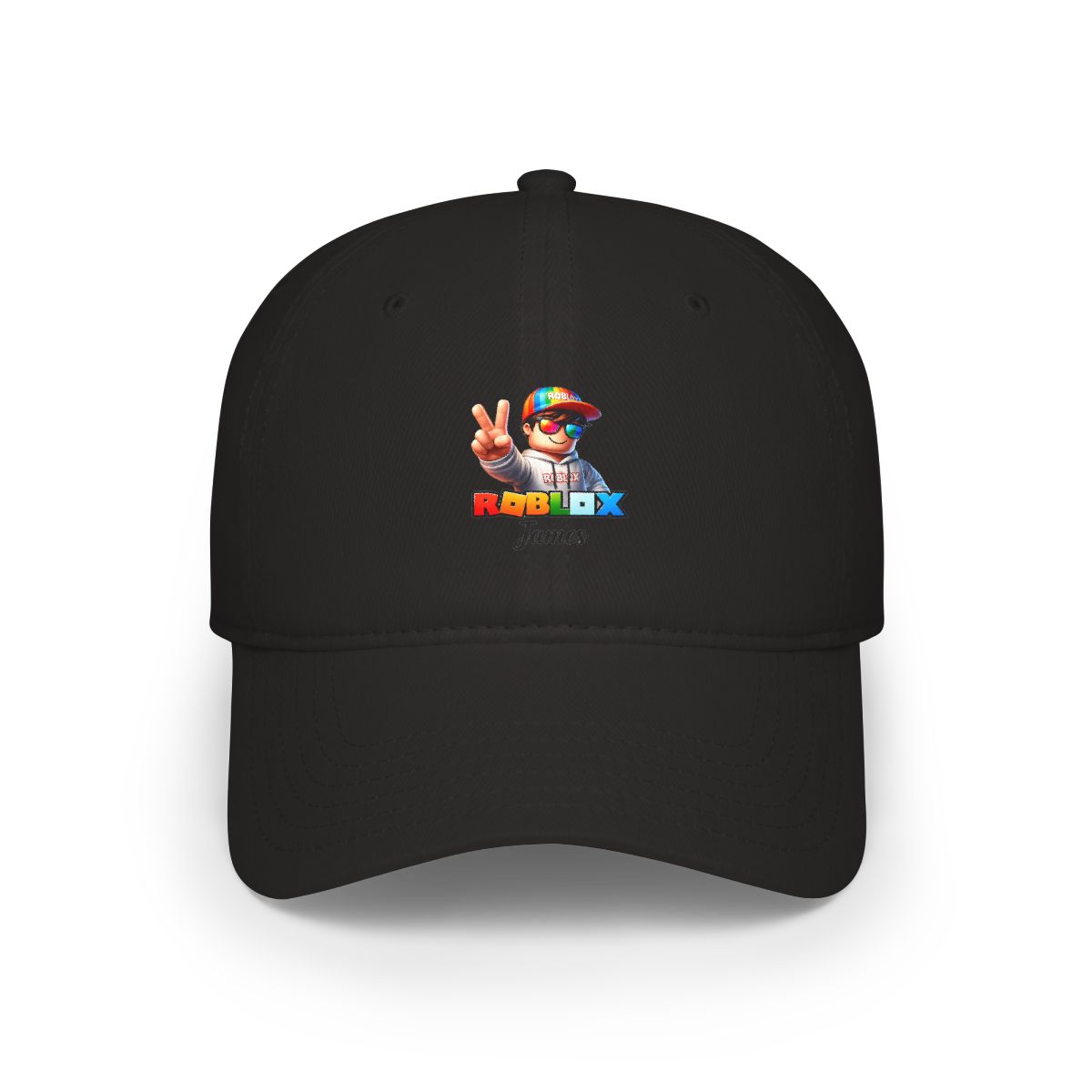 A Roblox-themed night light featuring a cartoon character with sunglasses and a rainbow hat, giving a peace sign. The Roblox logo and the name "James" are below. The light is on a wooden base